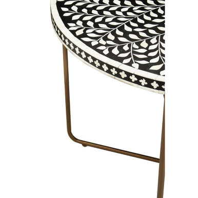 Black Round Wood Coffee Table with White Bone Inlay Top and Gold Metal Cross Base | Fusion