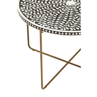 Black Round Wood Coffee Table with White Bone Inlay Top and Gold Metal Cross Base | Fusion