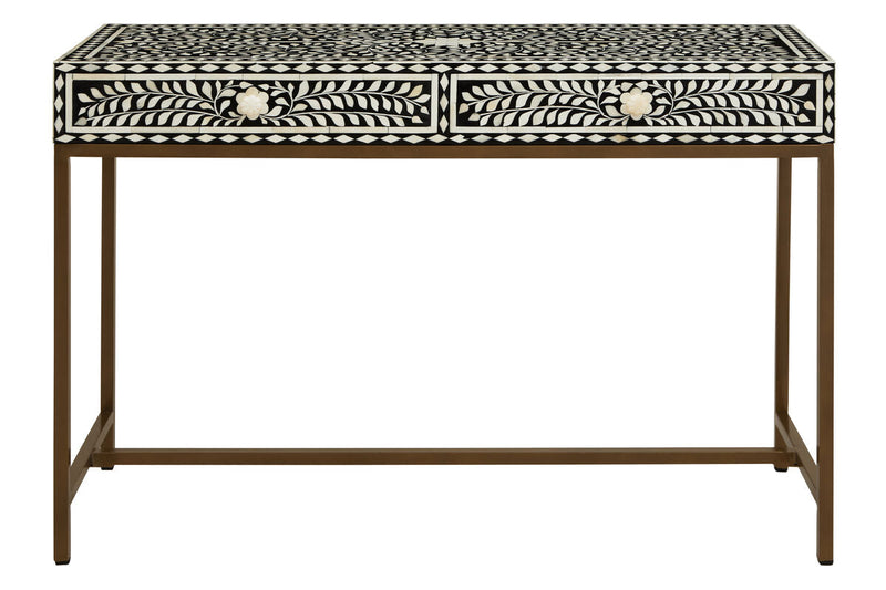 Black and White Floral Bone Inlay Console Table with 2 Storage Drawers and Gold Metal Base | Fusion