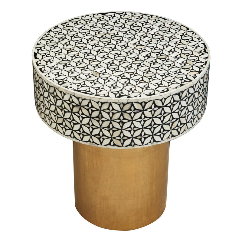 Black Wood Round Side Table with White Bone Inlay Floral Design and Gold Metal Base | Fusion