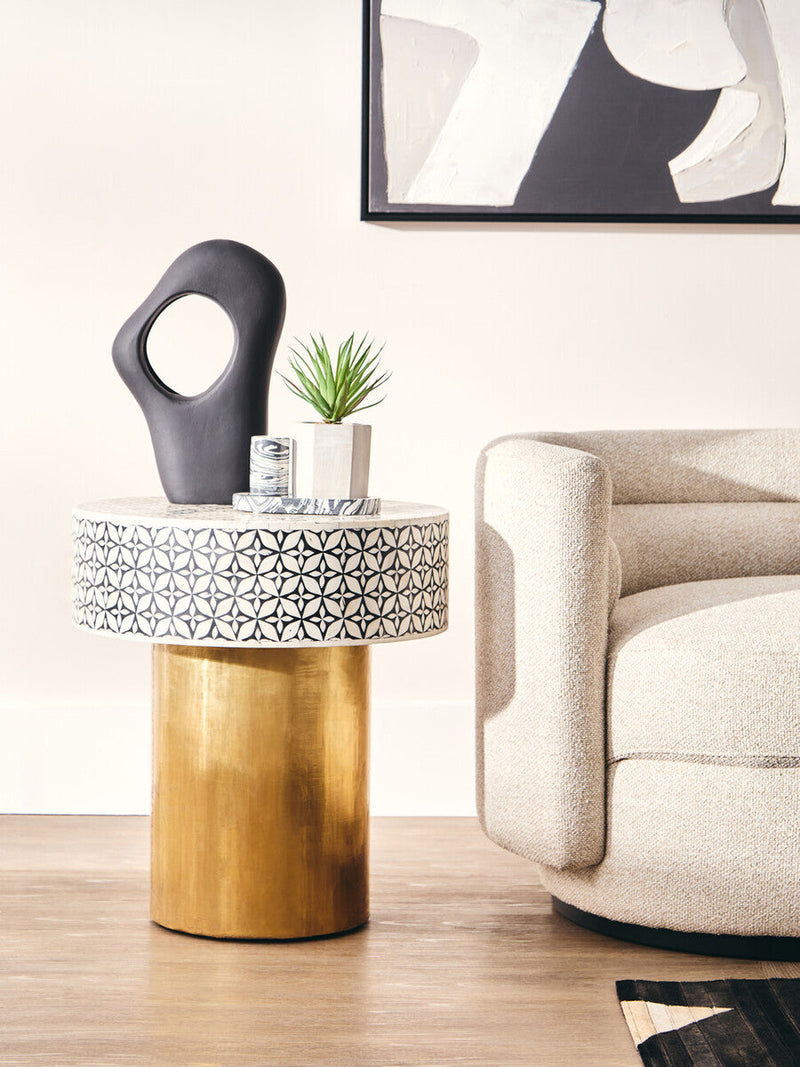 Black Wood Round Side Table with White Bone Inlay Floral Design and Gold Metal Base | Fusion