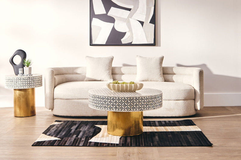 Black Wood Round Side Table with White Bone Inlay Floral Design and Gold Metal Base | Fusion
