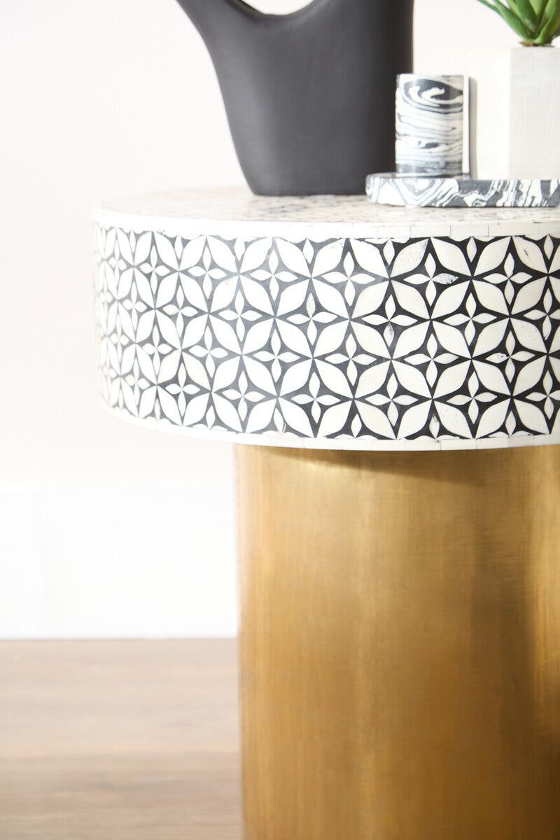 Black Wood Round Side Table with White Bone Inlay Floral Design and Gold Metal Base | Fusion
