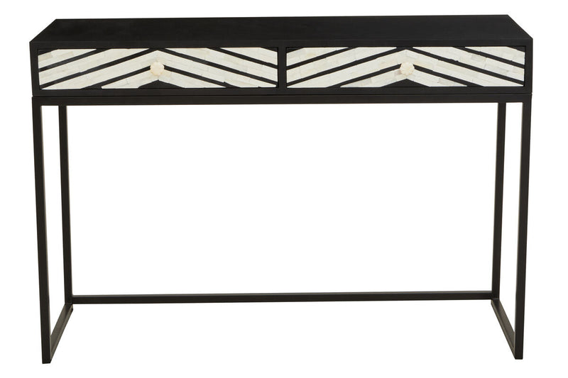 Black Wood 2-Drawer Console Table with Black and White Bone Inlay Chevron Fronts | Fusion