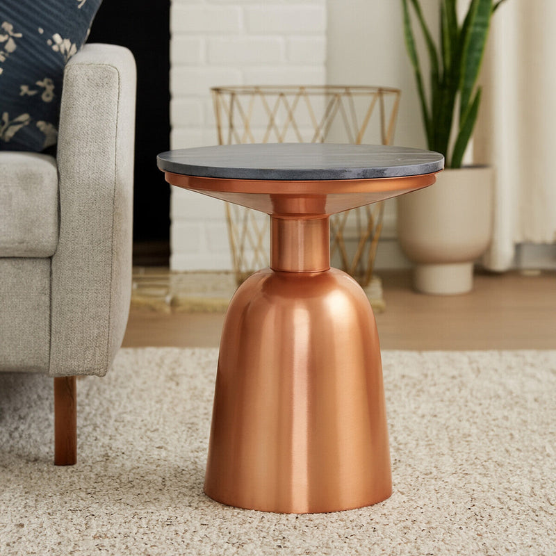 Black Marble Top Side Table with Chunky Copper Iron Base | Amira