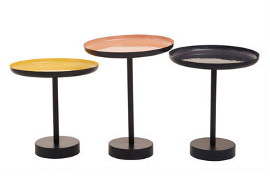 Set of 3 Gold Pink & Black Enamel Tray Tables with Black Iron Bases | Amira