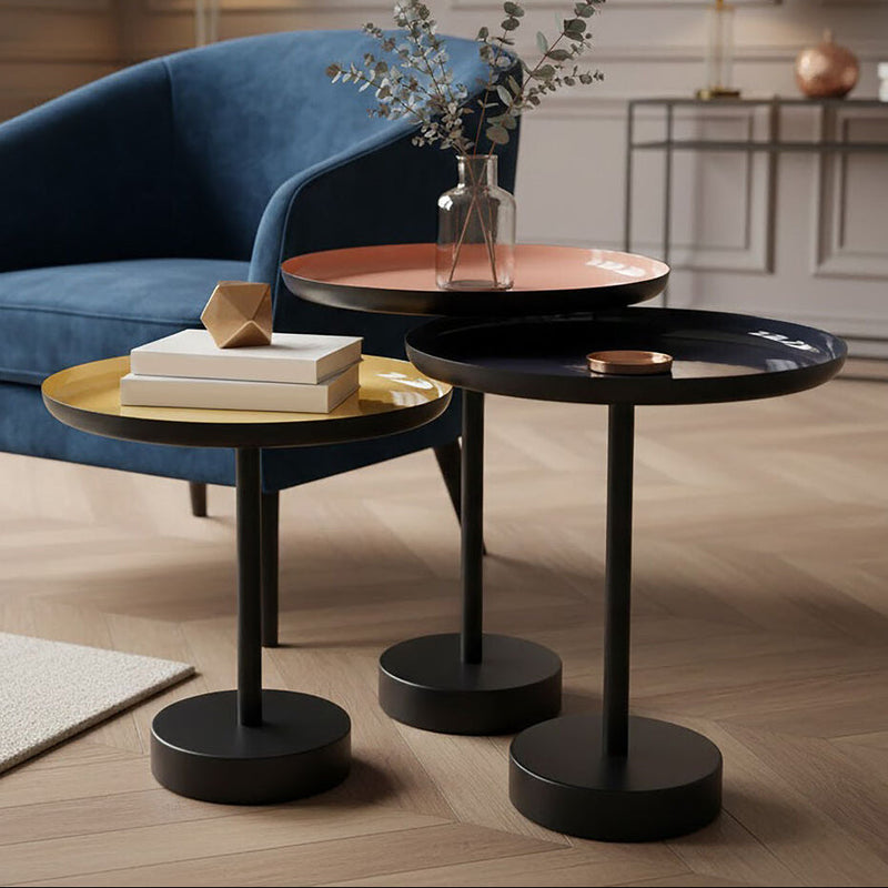 Set of 3 Gold Pink & Black Enamel Tray Tables with Black Iron Bases | Amira
