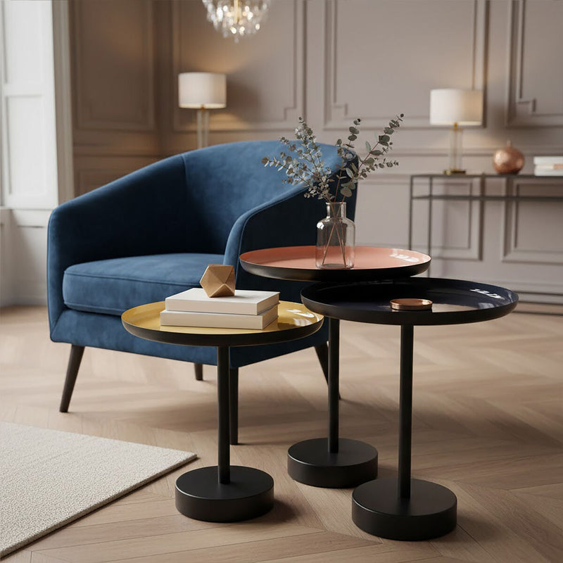Set of 3 Gold Pink & Black Enamel Tray Tables with Black Iron Bases | Amira