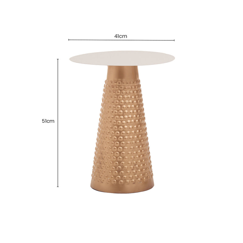 White Tabletop Side Table with Chunky Hammered Gold Base | Amira