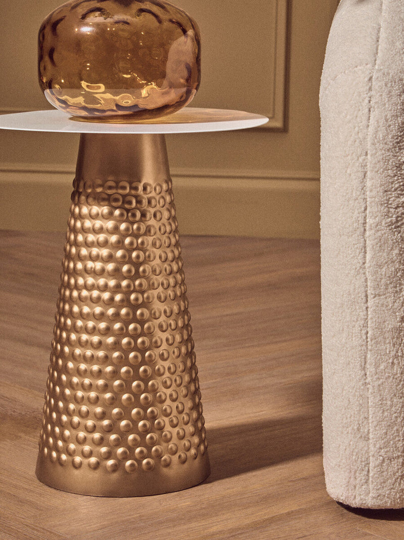 White Tabletop Side Table with Chunky Hammered Gold Base | Amira