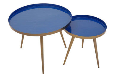 Blue Enamel Nest of Two Side Tables with Gold Finish Metal Frame | Amira
