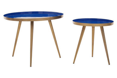 Blue Enamel Nest of Two Side Tables with Gold Finish Metal Frame | Amira
