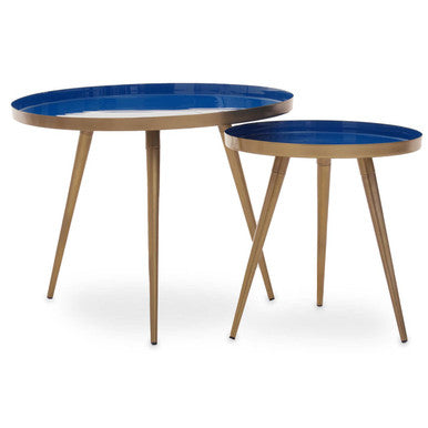 Blue Enamel Nest of Two Side Tables with Gold Finish Metal Frame | Amira
