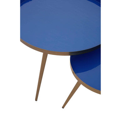Blue Enamel Nest of Two Side Tables with Gold Finish Metal Frame | Amira