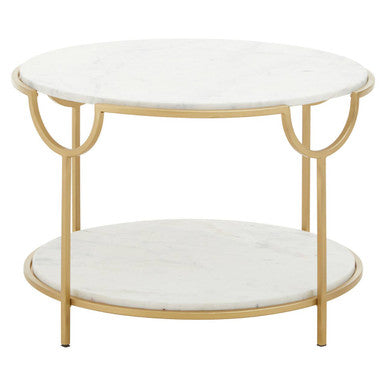 Two-Tier White Marble Top Side Table with Gold Finish Iron Frame, Pali