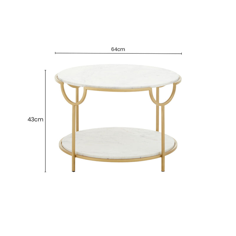 Two-Tier White Marble Top Side Table with Gold Finish Iron Frame, Pali