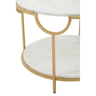 Two-Tier White Marble Top Side Table with Gold Finish Iron Frame, Pali