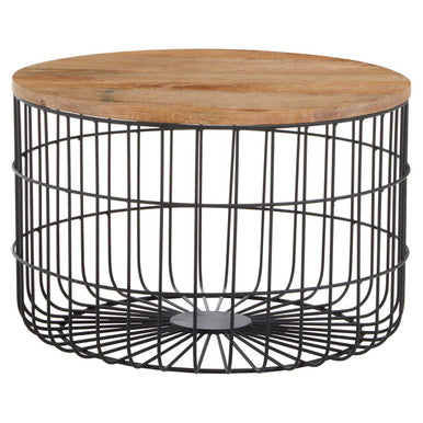 Natural Wood Top Side Table with Black Metal Cage Base | Pali