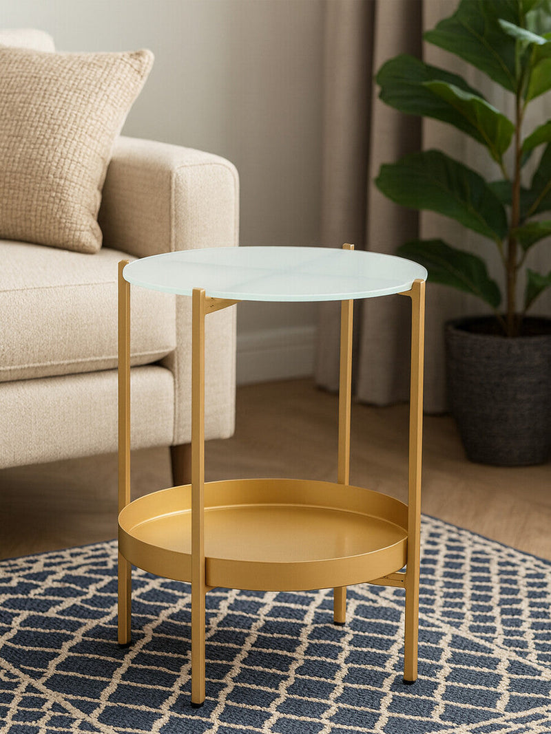 Gold Iron Two-Tier Side Table with Glass Top and Lower Shelf, Pali