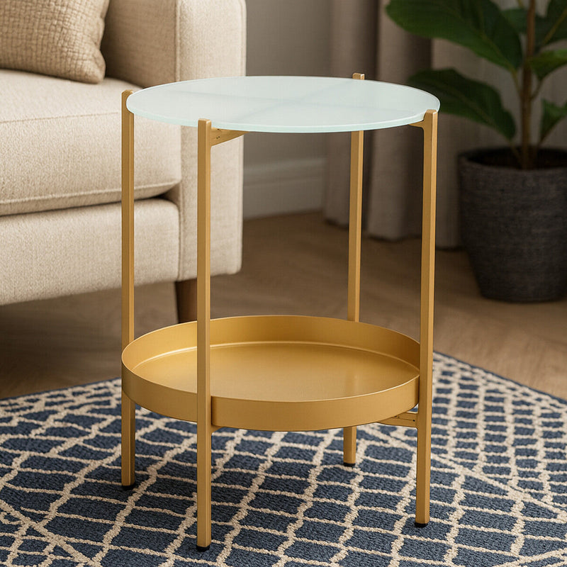 Gold Iron Two-Tier Side Table with Glass Top and Lower Shelf, Pali