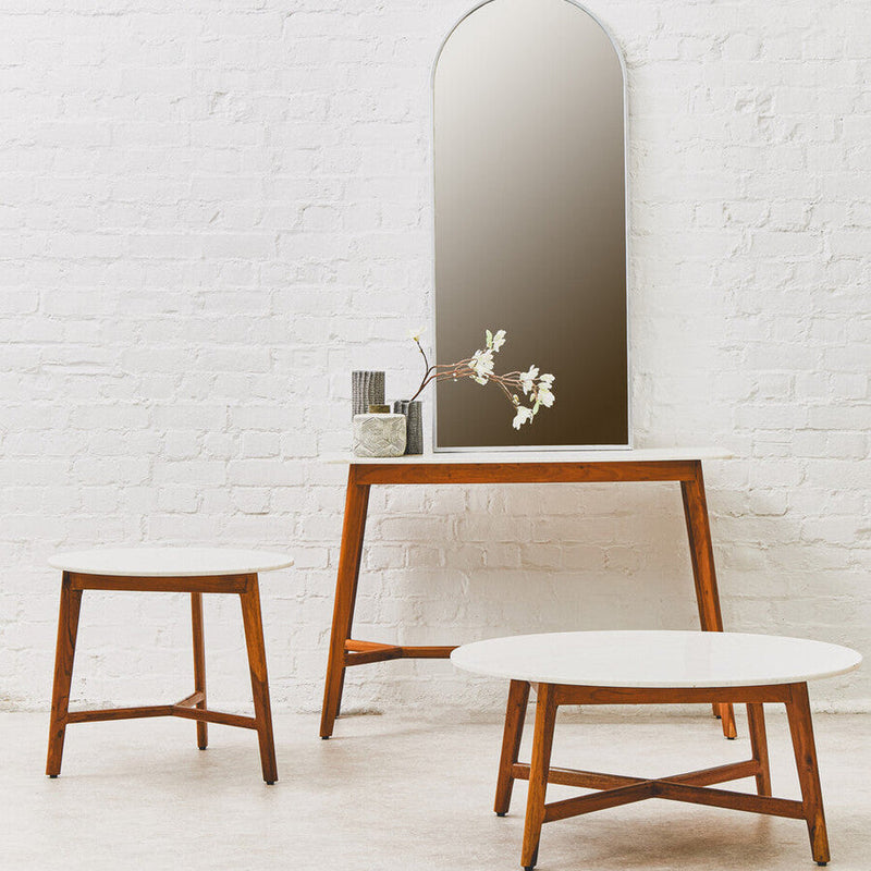 White Marble Top Round Side Table with Sustainable Acacia Wood Base | Myan