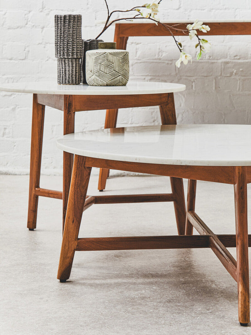 White Marble Top Round Side Table with Sustainable Acacia Wood Base | Myan
