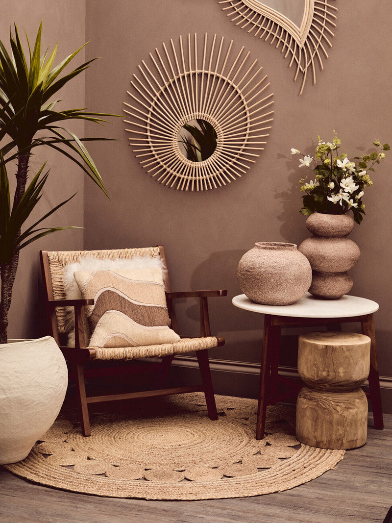 White Marble Top Round Side Table with Sustainable Acacia Wood Base | Myan