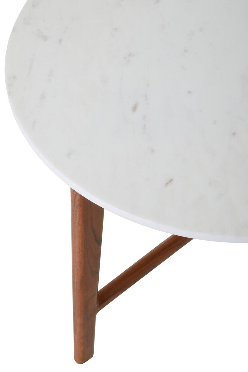 White Marble Top Round Side Table with Sustainable Acacia Wood Base | Myan