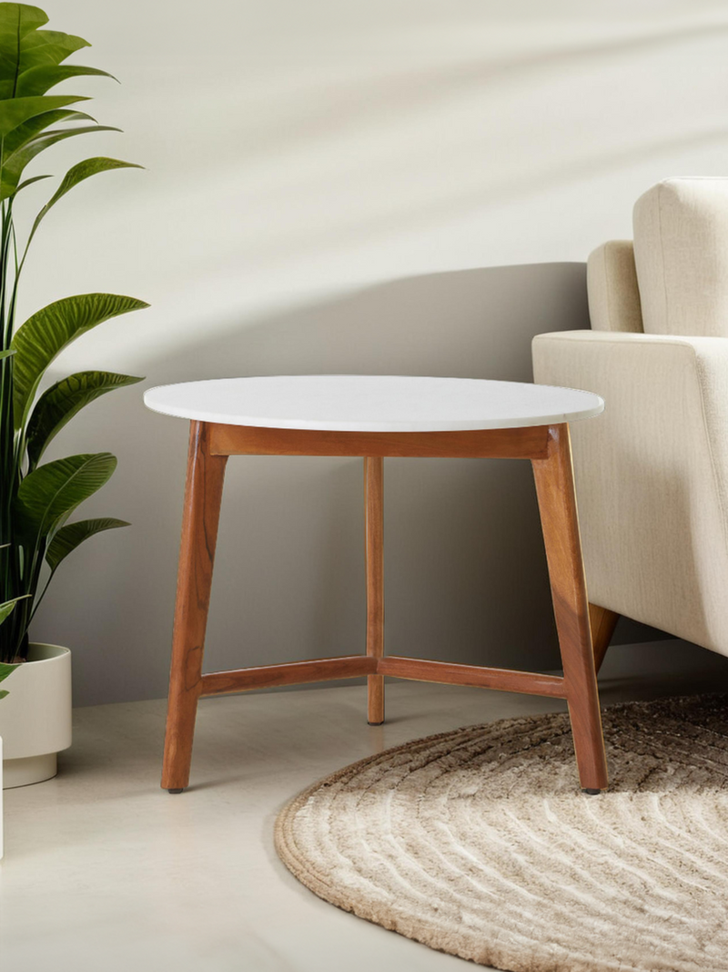 White Marble Top Round Side Table with Sustainable Acacia Wood Base | Myan