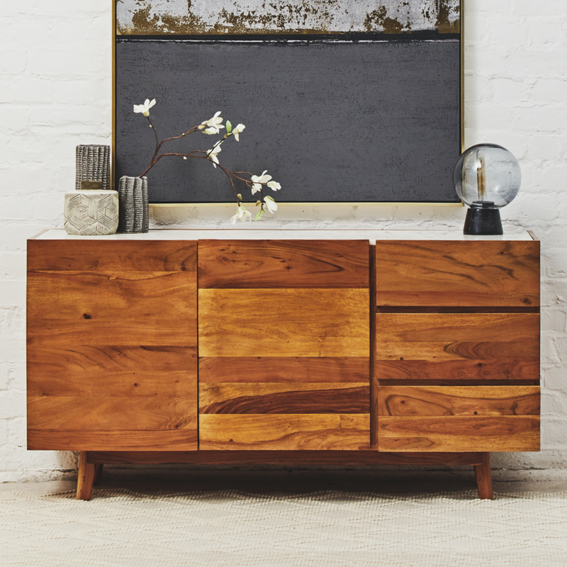3 Drawer Acacia Wood White Marble Sideboard | Myan
