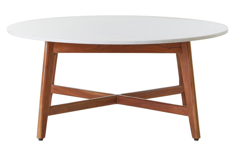 White Marble Round Top Coffee Table with Acacia Wood Legs | Myan