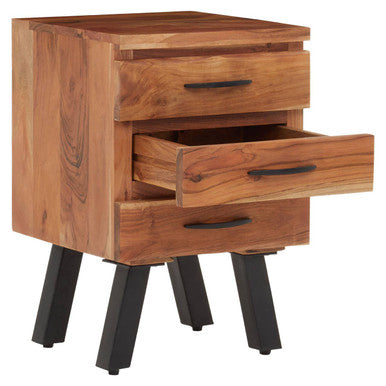 Natural Acacia Wood 3-Drawer Side Table with Black Metallic Legs and Handles | Nashik