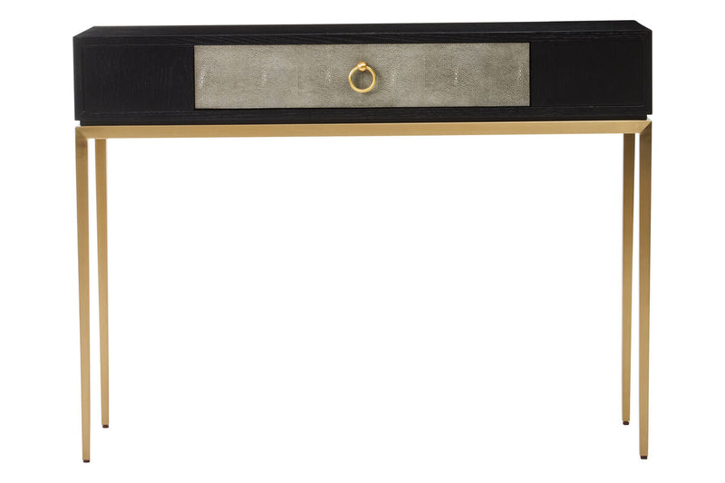 Black Top and Grey Shagreen Effect 1-Drawer Console Table with Gold Metal Legs | Deruta