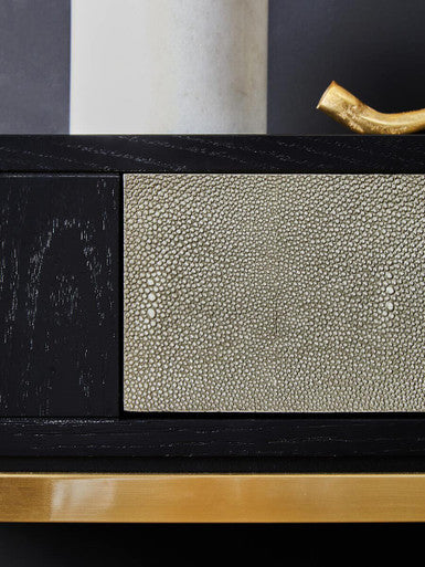Black Top and Grey Shagreen Effect 1-Drawer Console Table with Gold Metal Legs | Deruta