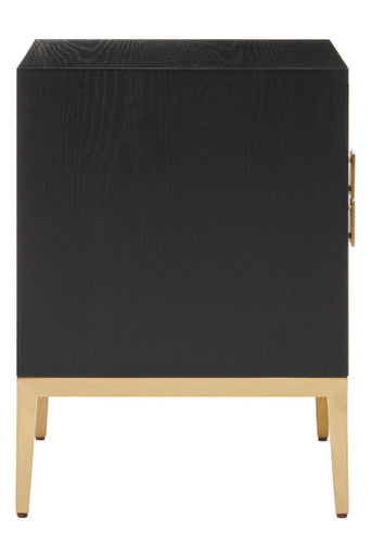 Black Fluted and Natural Grain Diagonal Front 2-Drawer Side Table with Gold Handles | Davoli