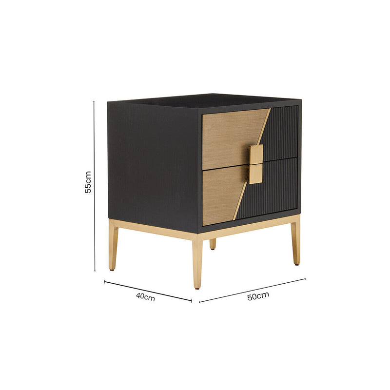 Black Fluted and Natural Grain Diagonal Front 2-Drawer Side Table with Gold Handles | Davoli