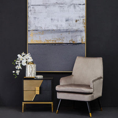 Black Fluted and Natural Grain Diagonal Front 2-Drawer Side Table with Gold Handles | Davoli