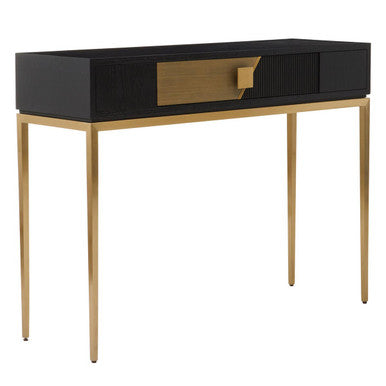 Two-Tone Black Fluted and Grained Console Table with Gold Metal Base and 1 Drawer, Davoli