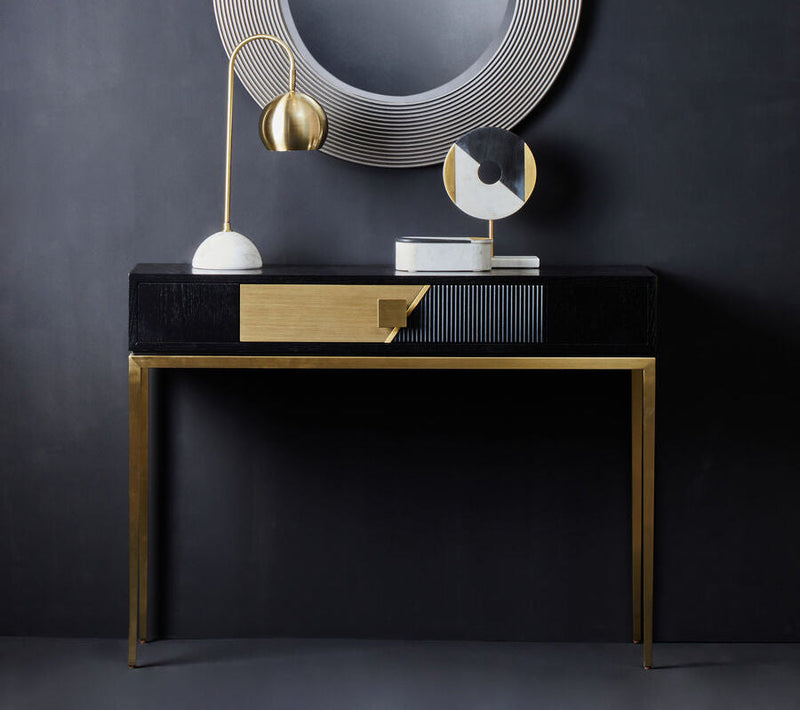 Two-Tone Black Fluted and Grained Console Table with Gold Metal Base and 1 Drawer, Davoli