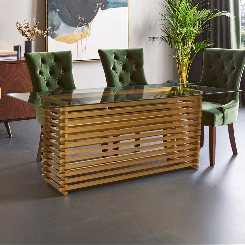 Rectangular Glass Top Dining Table with Matte Gold Stainless Steel Base | Vogue