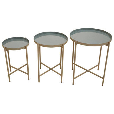Set of 3 Grey Enamel Top Nesting Side Tables with Gold Finish X-Base Legs, Corra