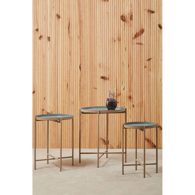 Set of 3 Grey Enamel Top Nesting Side Tables with Gold Finish X-Base Legs, Corra