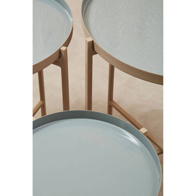 Set of 3 Grey Enamel Top Nesting Side Tables with Gold Finish X-Base Legs, Corra