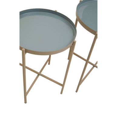Set of 3 Grey Enamel Top Nesting Side Tables with Gold Finish X-Base Legs, Corra