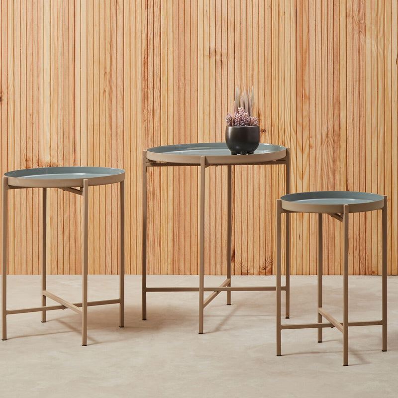 Set of 3 Grey Enamel Top Nesting Side Tables with Gold Finish X-Base Legs, Corra