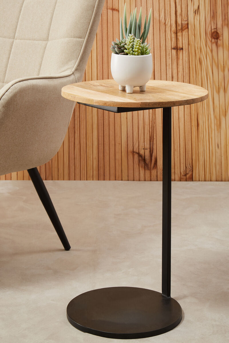 Natural Round Wooden Top C-Shaped Side Table Black Metal Base, Corra