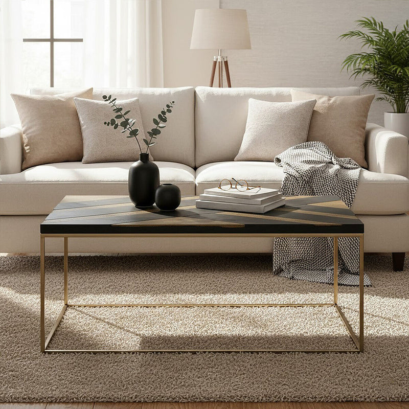 Black and Gold Striped Acacia Wood Coffee Table with Interconnected Metal Legs | Aris