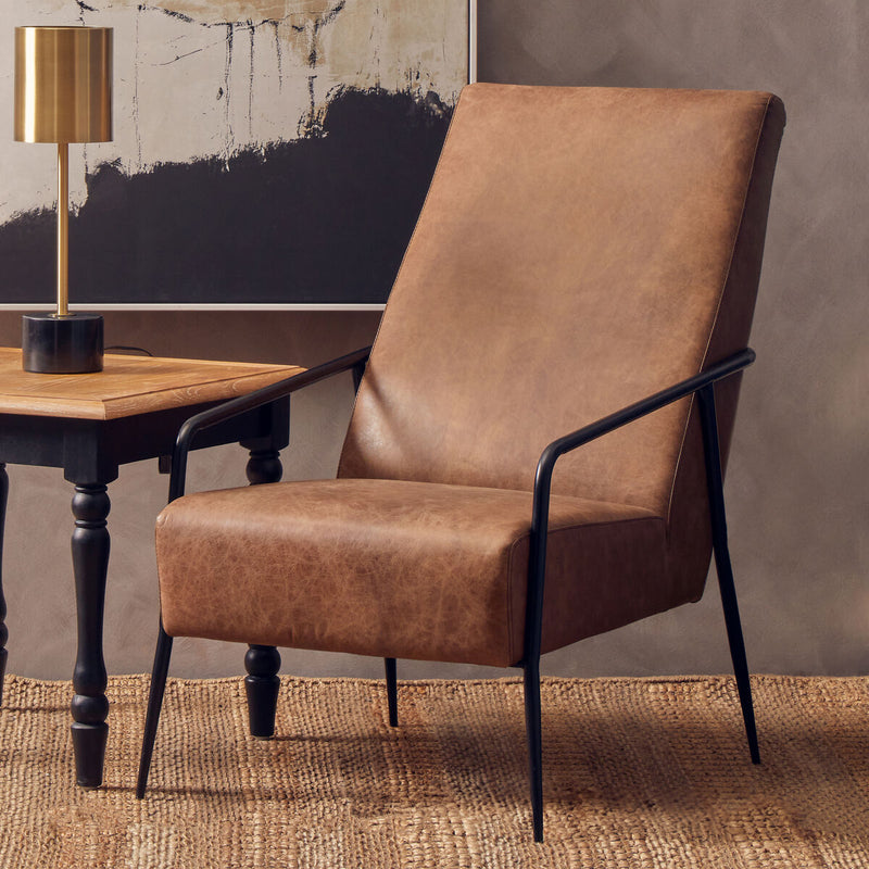Brown Leather Lounge Chair with Reclined Profile | Hoxton
