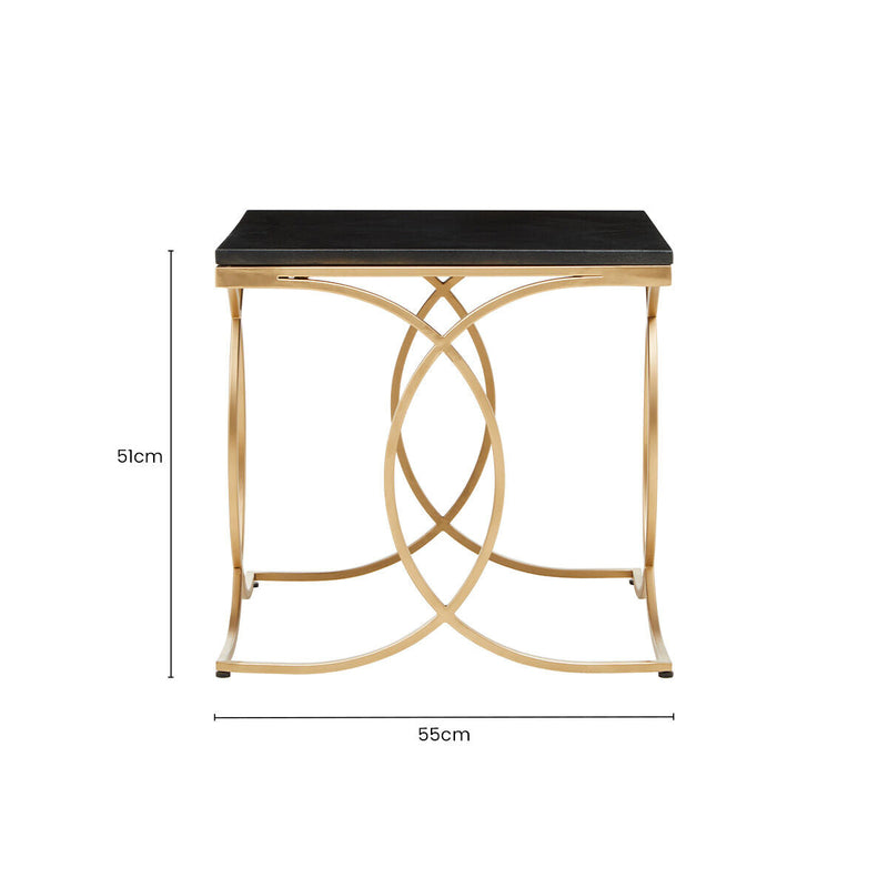Black Marble Top Side Table with Gold Finish Interlocking Stainless Steel Frame | Kia