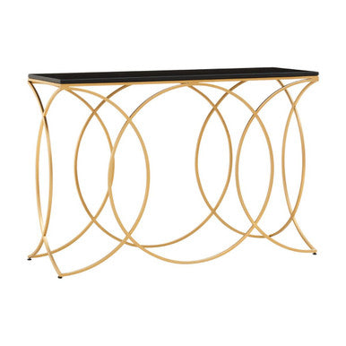 Black Marble Top Console Table with Curved Gold Finish Metal Frame | Kia